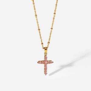 18K Gold Plated Pink Cubic Zirconia Cross Pendant Necklace